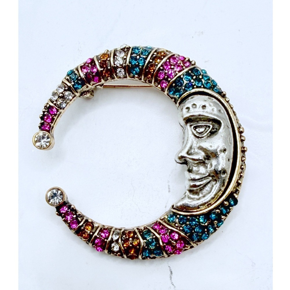 Crescent Moon Face Brooch Multicolor Rhinestone Two Tone Celestial Pin 1.5"